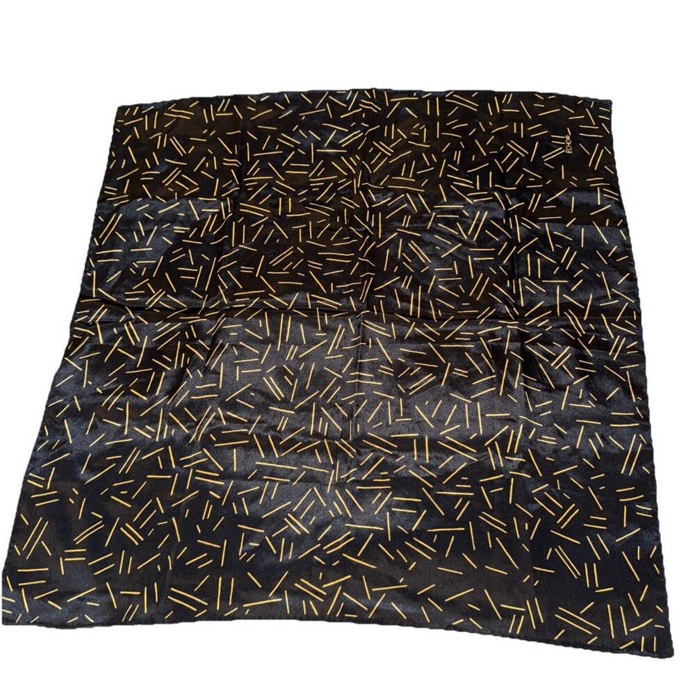Black & Gold Echo Scarf Geometric Abstract Stamped Silk Poly 21”